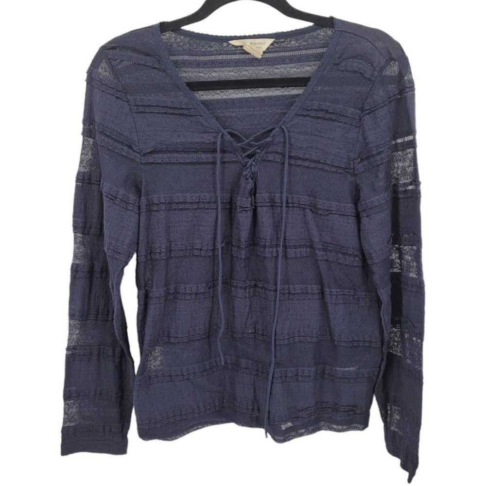 Denim & supply Ralph Lauren Womens XL navy blue blouse semi sheer lace detail